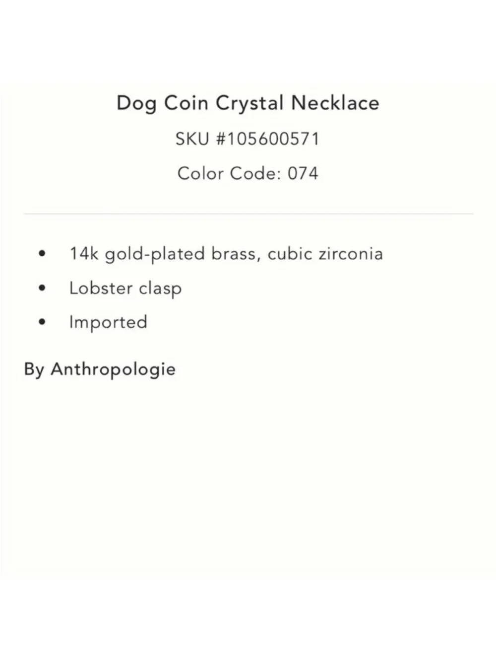 New! Anthropologie 14K Gold Plated Dachshund Dog Charm Necklace NWT